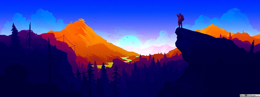 Hiker Silhouette on Cliff Edge Overlooking Vibrant Sunset Mountain Landscape HD wallpaper