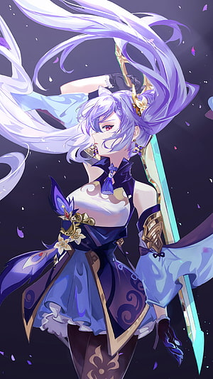Keqing from Genshin Impact in Dynamic Action Pose with Flowing Purple Hair and Sword HD phone wallpaper