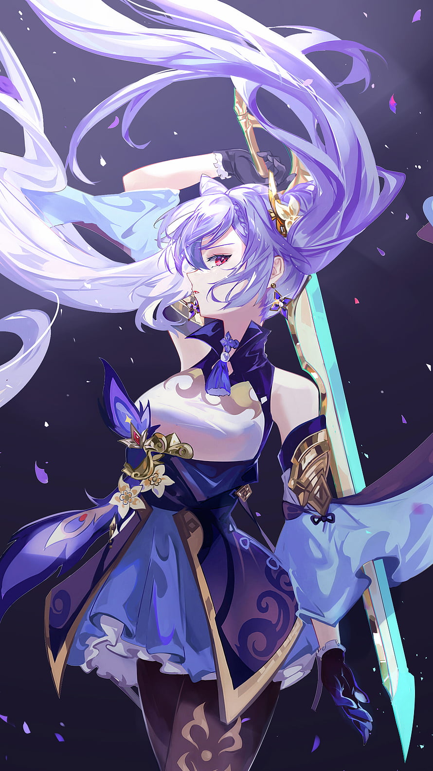 Keqing from Genshin Impact in Dynamic Action Pose with Flowing Purple Hair and Sword HD phone wallpaper