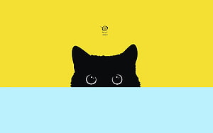 Minimalist Black Cat Silhouette Peeking Over Blue Surface on Yellow Background HD wallpaper