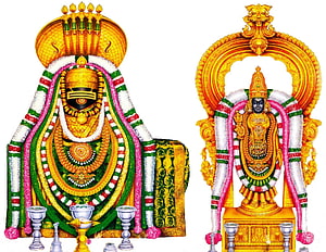 Lord Ayyappa and Goddess Bhadrakali Hindu Deities with Flower Garlands and Golden Jewelry HD wallpaper