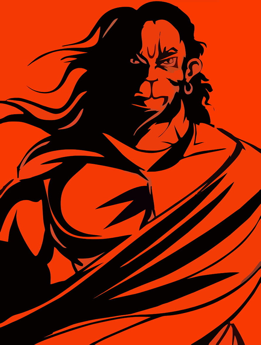 Hanuman Ji Bold Red and Black Illustration with Flowing Hair and Intense Gaze, Hanuman Ji In, hanuman 6 full HD phone wallpaper