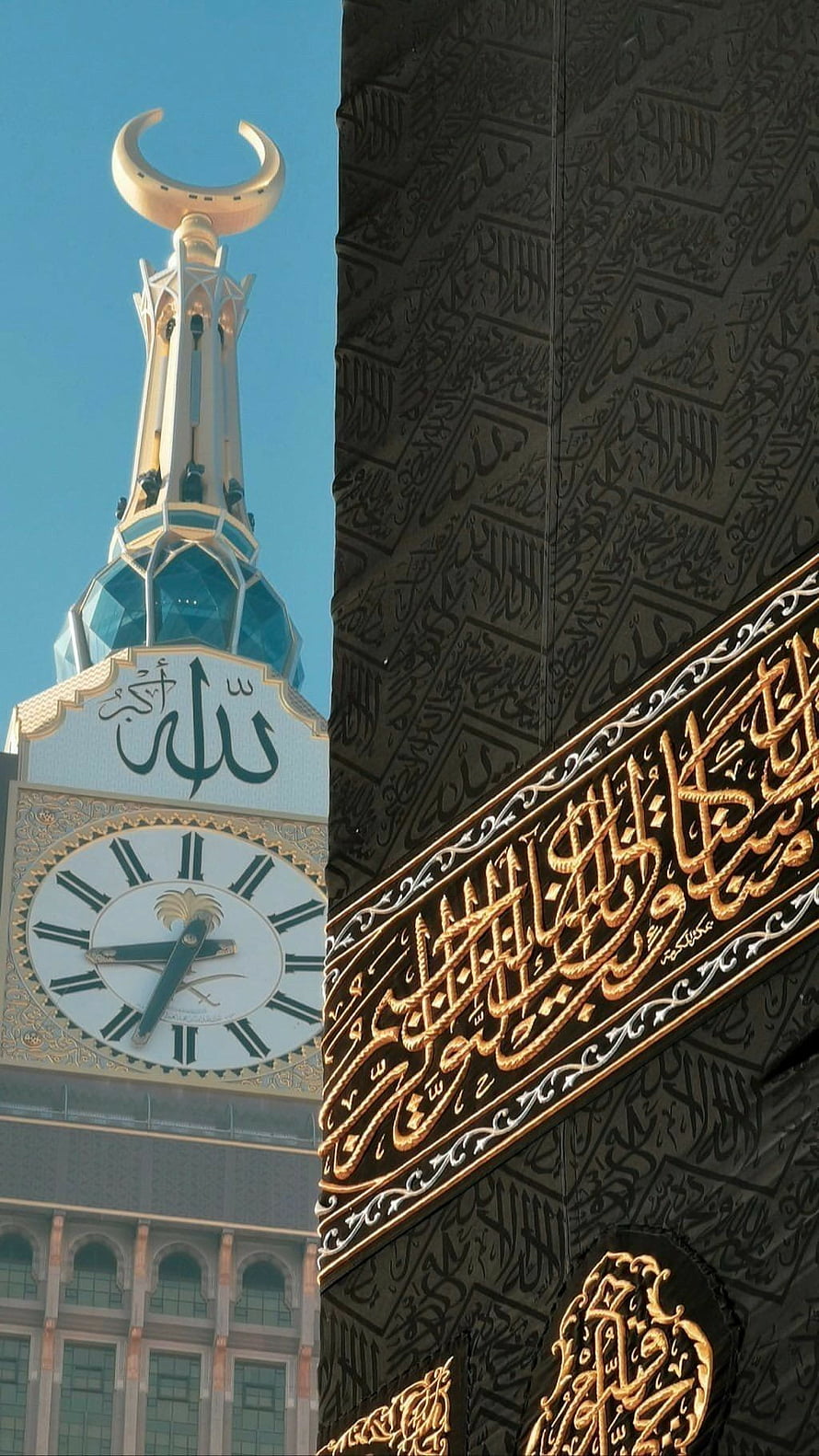 Abraj Al Bait Clock Tower in Mecca with intricate Islamic calligraphy and golden crescent HD phone wallpaper