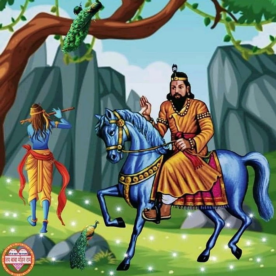Hindu Mythology Illustration of King on Blue Horse with Peacocks and Flute Player HD phone wallpaper