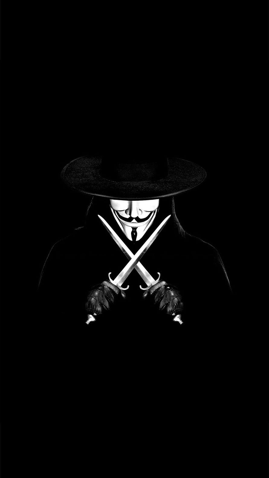 Anonymous Hacker Mask With Crossed Swords And Fedora Hat HD phone wallpaper