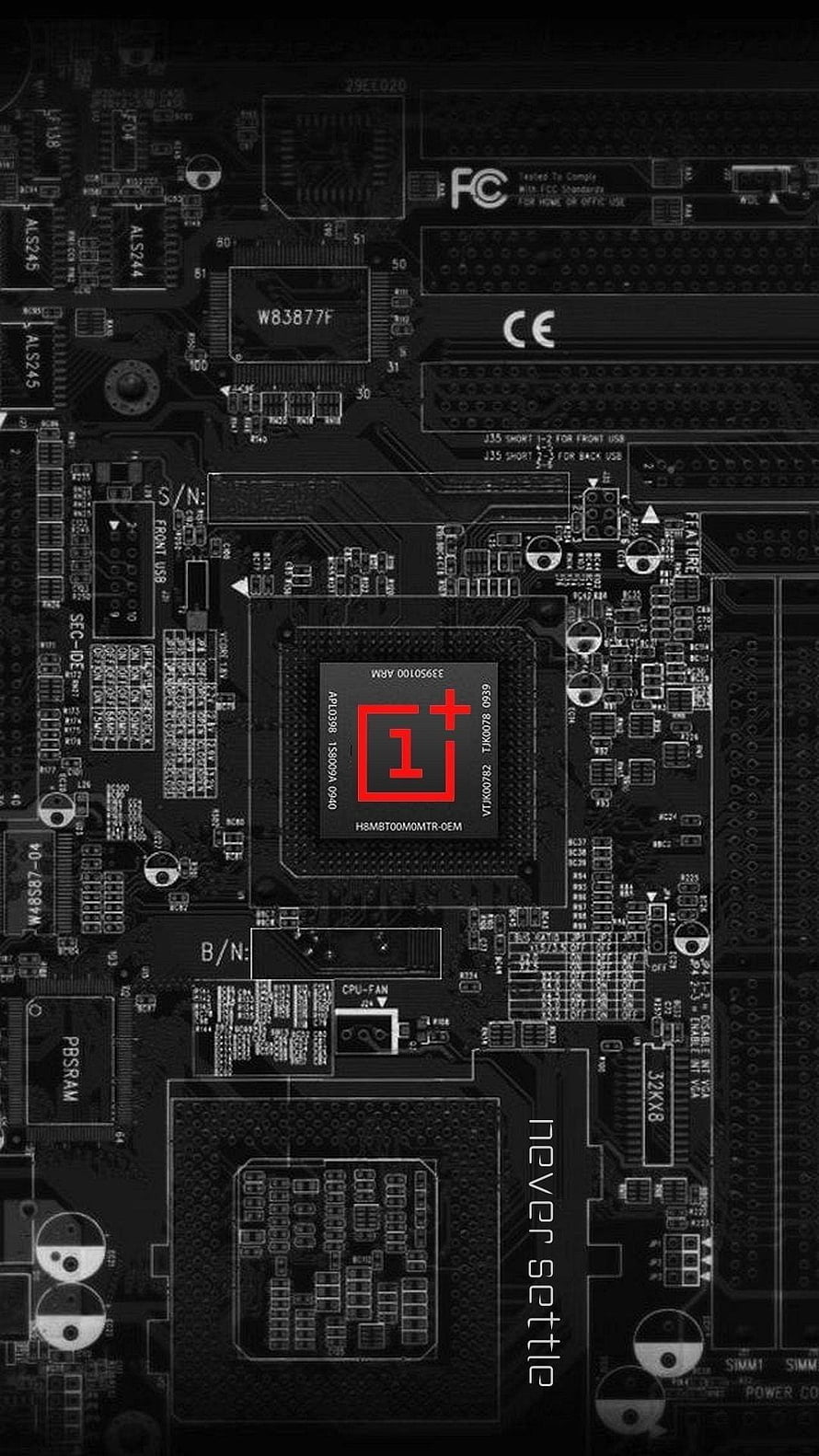 OnePlus Circuit Board Design with Red Logo and Never Settle Slogan on Dark PCB Background HD phone wallpaper