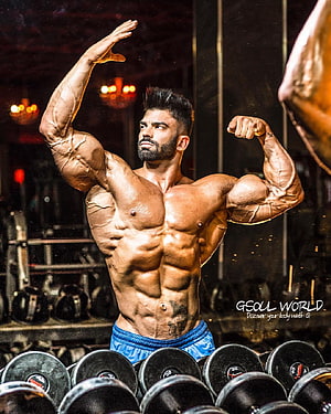 Muscular Bodybuilder Flexing Biceps in Gym with Dumbbells HD phone wallpaper