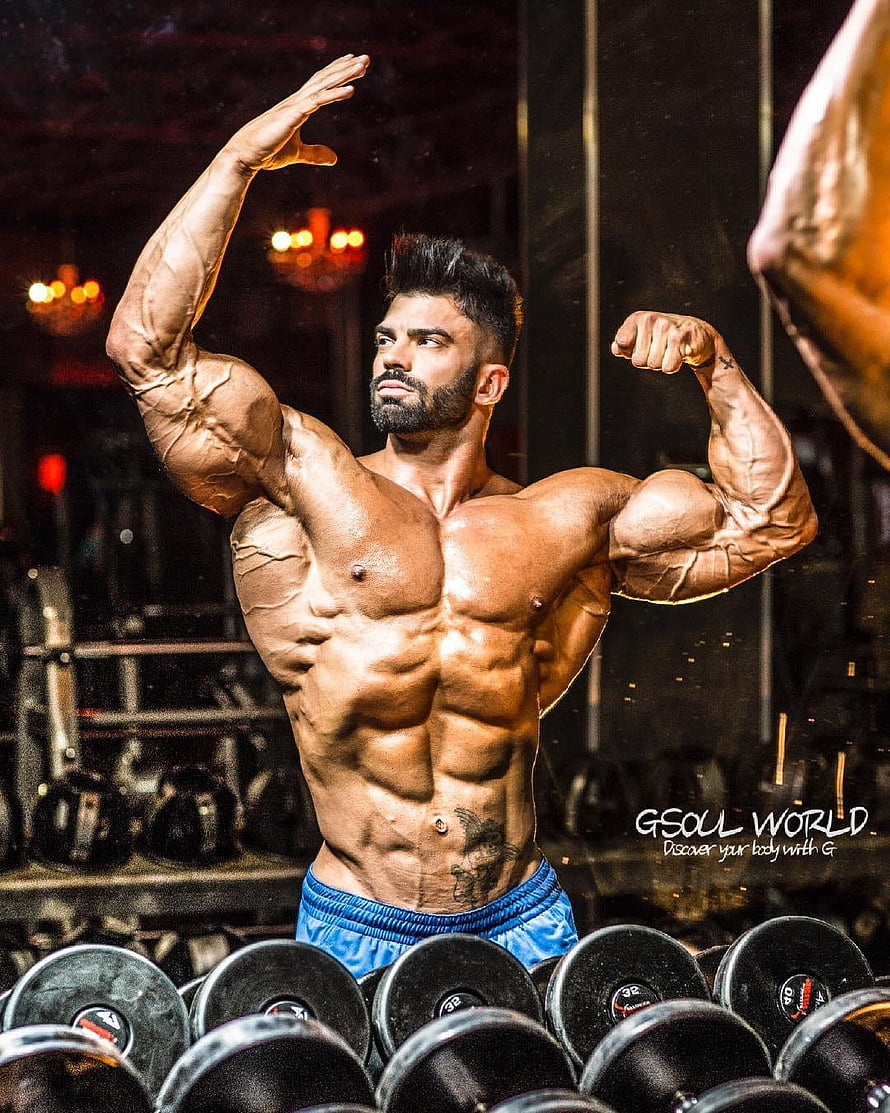 Muscular Bodybuilder Flexing Biceps in Gym with Dumbbells HD phone wallpaper