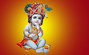 Baby Krishna Eating Laddu with Peacock Crown and Gold Jewelry on Orange Background HD wallpaper