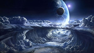 Surreal Cosmic Landscape With Giant Planet, Moon, and Swirling Clouds HD wallpaper