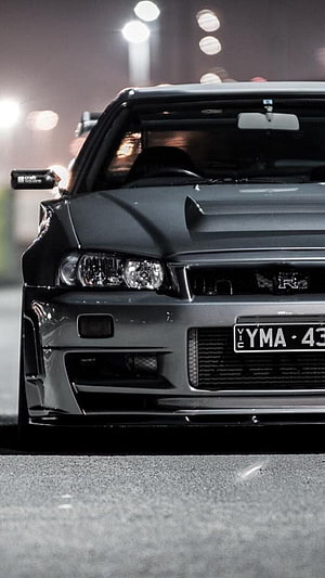 Nissan Skyline R34 GT-R Matte Black Front End Night Street Photography HD phone wallpaper