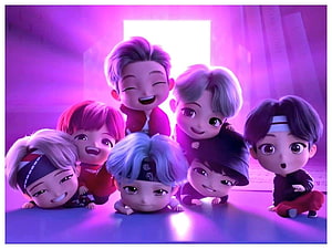 BTS TinyTAN 3D Animated Group Portrait in Vibrant Purple Studio Setting HD wallpaper