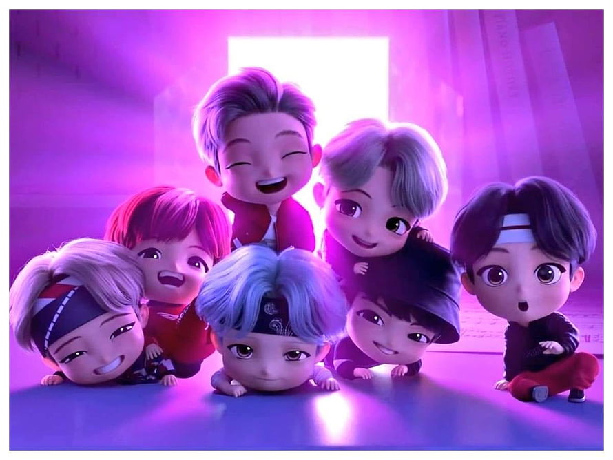BTS TinyTAN 3D Animated Group Portrait in Vibrant Purple Studio Setting HD wallpaper