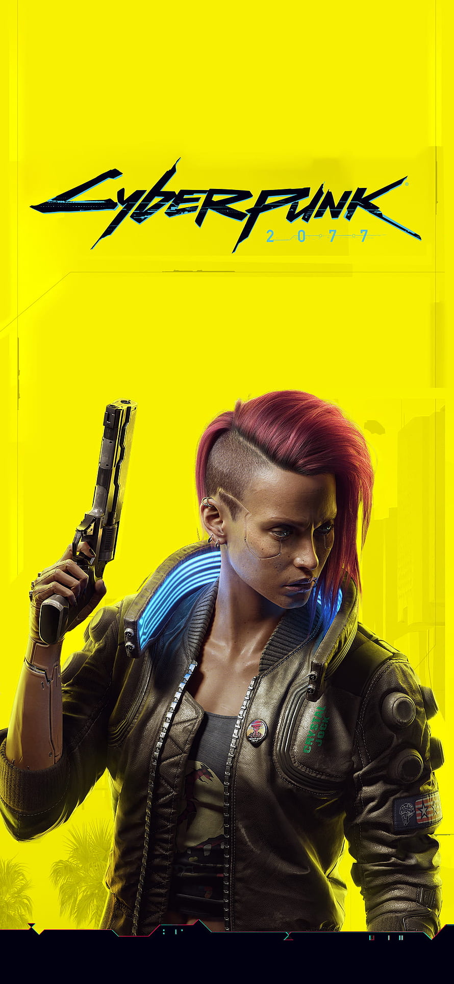 Cyberpunk 2077 V Character Portrait with Pistol on Vibrant Yellow Background HD phone wallpaper