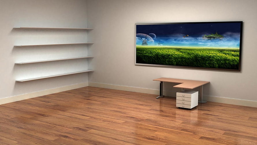 Modern Minimalist Home Office With Wooden Floor And Futuristic Landscape Art HD wallpaper