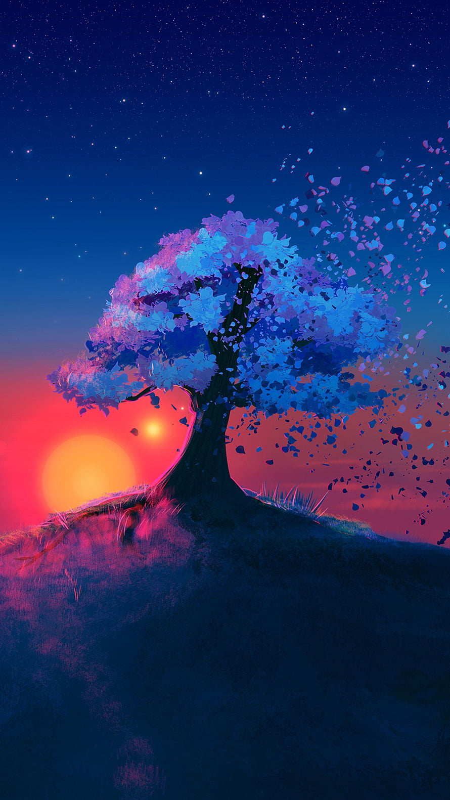 Lone Tree on Hilltop at Sunset with Scattered Petals and Starry Night Sky HD phone wallpaper