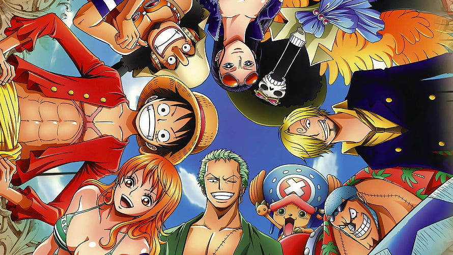 One Piece Straw Hat Crew Members Looking Down From Above Against Blue Sky HD wallpaper