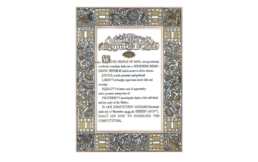 Preamble Page of the Original Constitution of India with Ornate Floral Border HD wallpaper