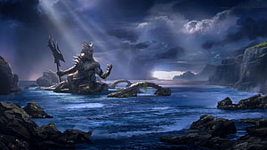 Majestic Stone Sea God Statue Holding Trident in Stormy Ocean Landscape HD wallpaper