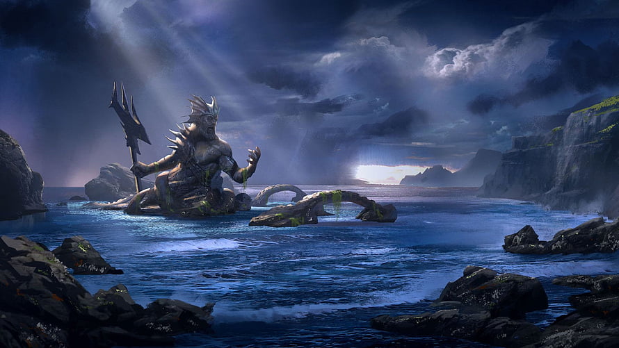 Majestic Stone Sea God Statue Holding Trident in Stormy Ocean Landscape HD wallpaper