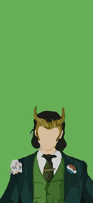 Minimalist Loki Character Illustration in Green Suit and Horned Headdress HD phone wallpaper