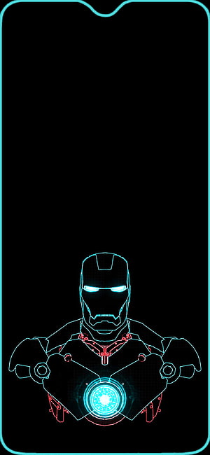 Iron Man neon wireframe bust with glowing arc reactor on black background, Oneplus 6T amoled notch lock screen, notch display HD phone wallpaper