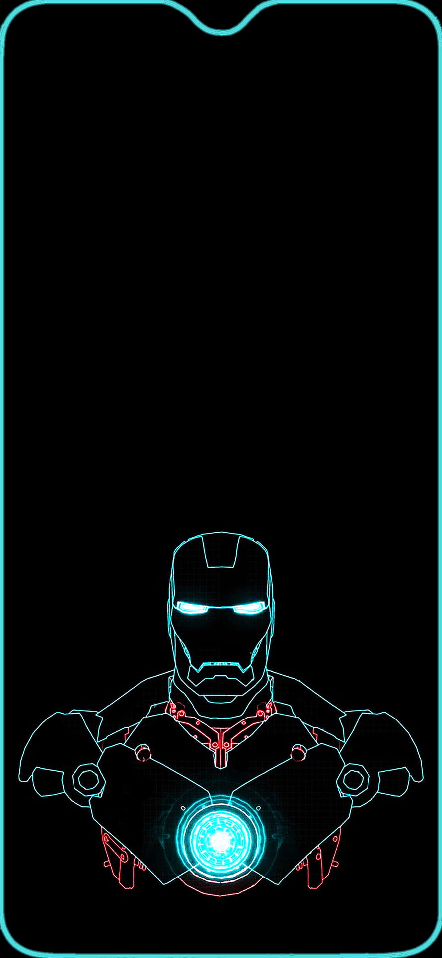 Iron Man neon wireframe bust with glowing arc reactor on black background, Oneplus 6T amoled notch lock screen, notch display HD phone wallpaper