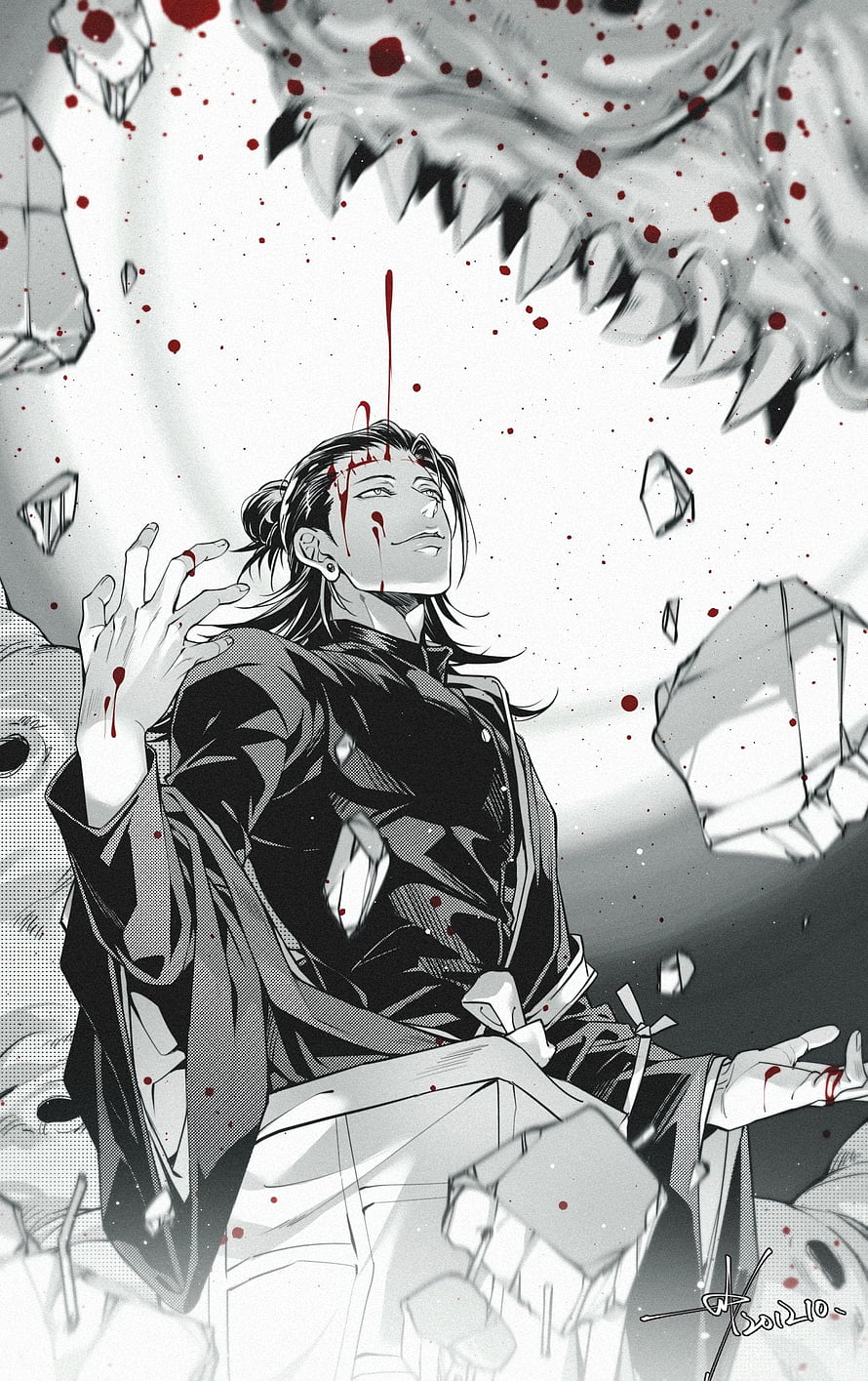 Suguru Geto Anime Illustration with Blood Splatter and Monster Maw HD phone wallpaper