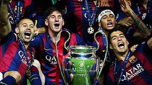 Barcelona MSN Trio Celebrates Champions League Victory with Trophy HD wallpaper
