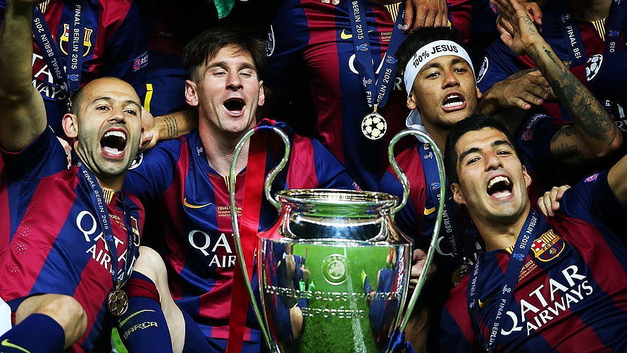 Barcelona MSN Trio Celebrates Champions League Victory with Trophy HD wallpaper