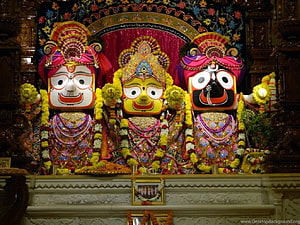 Colorful Jagannath Balabhadra and Subhadra Deities in Temple Altar HD wallpaper
