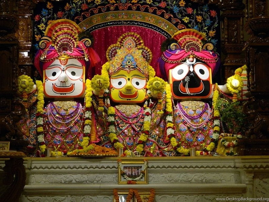 Colorful Jagannath Balabhadra and Subhadra Deities in Temple Altar HD wallpaper