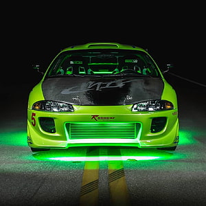 Lime Green Mitsubishi Eclipse GSX Race Car with Underglow on Night Road HD phone wallpaper