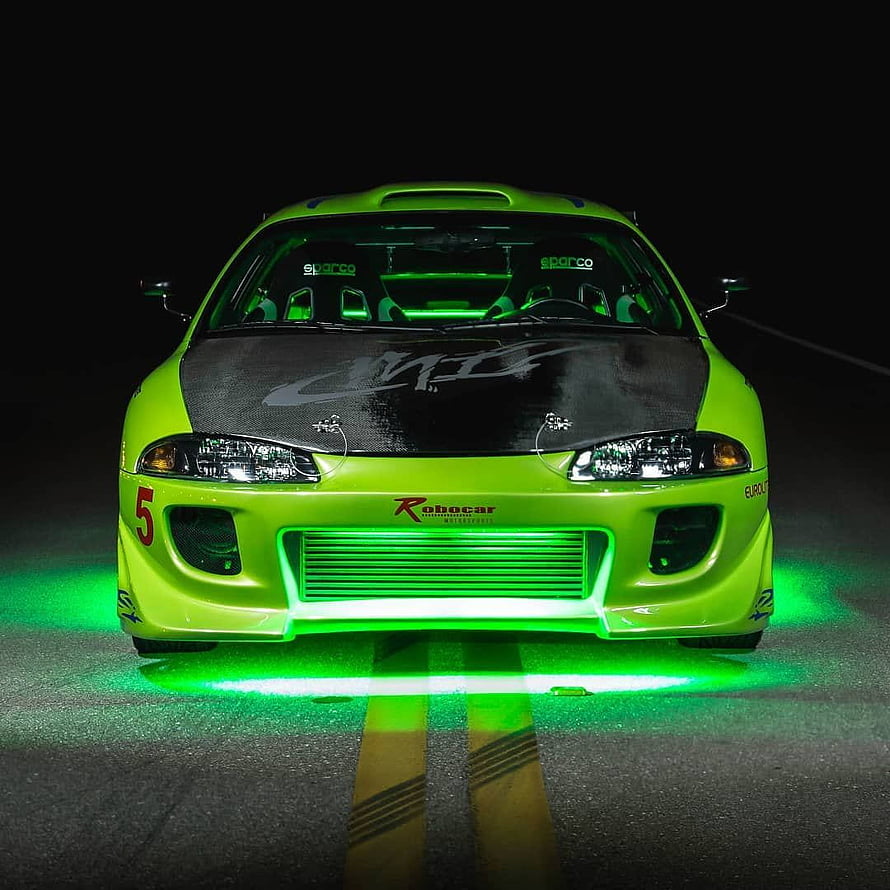 Lime Green Mitsubishi Eclipse GSX Race Car with Underglow on Night Road HD phone wallpaper