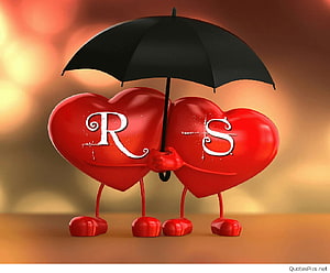Two Red Hearts Sharing a Black Umbrella with RS Lettering on Warm Bokeh Background HD wallpaper