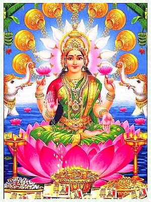 Goddess Lakshmi Seated on Lotus with Elephants and Gold Coins HD phone wallpaper
