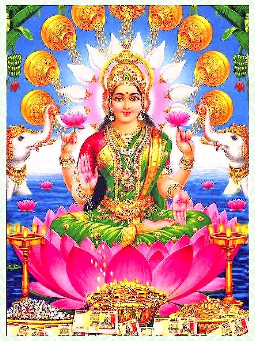 Goddess Lakshmi Seated on Lotus with Elephants and Gold Coins HD phone wallpaper