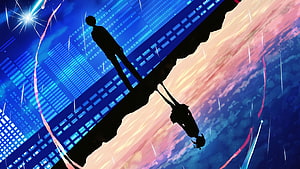 Kimi no Na wa Silhouettes of Taki and Mitsuha Against a Split Sky and Cityscape HD wallpaper
