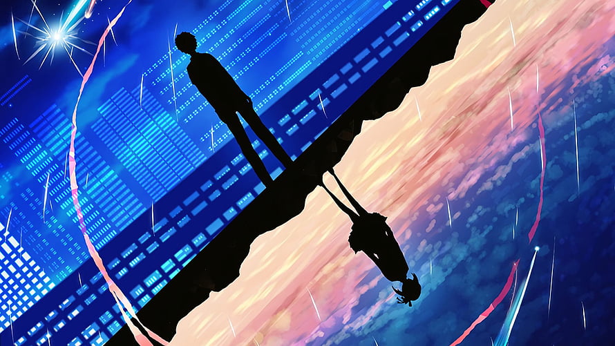 Kimi no Na wa Silhouettes of Taki and Mitsuha Against a Split Sky and Cityscape HD wallpaper