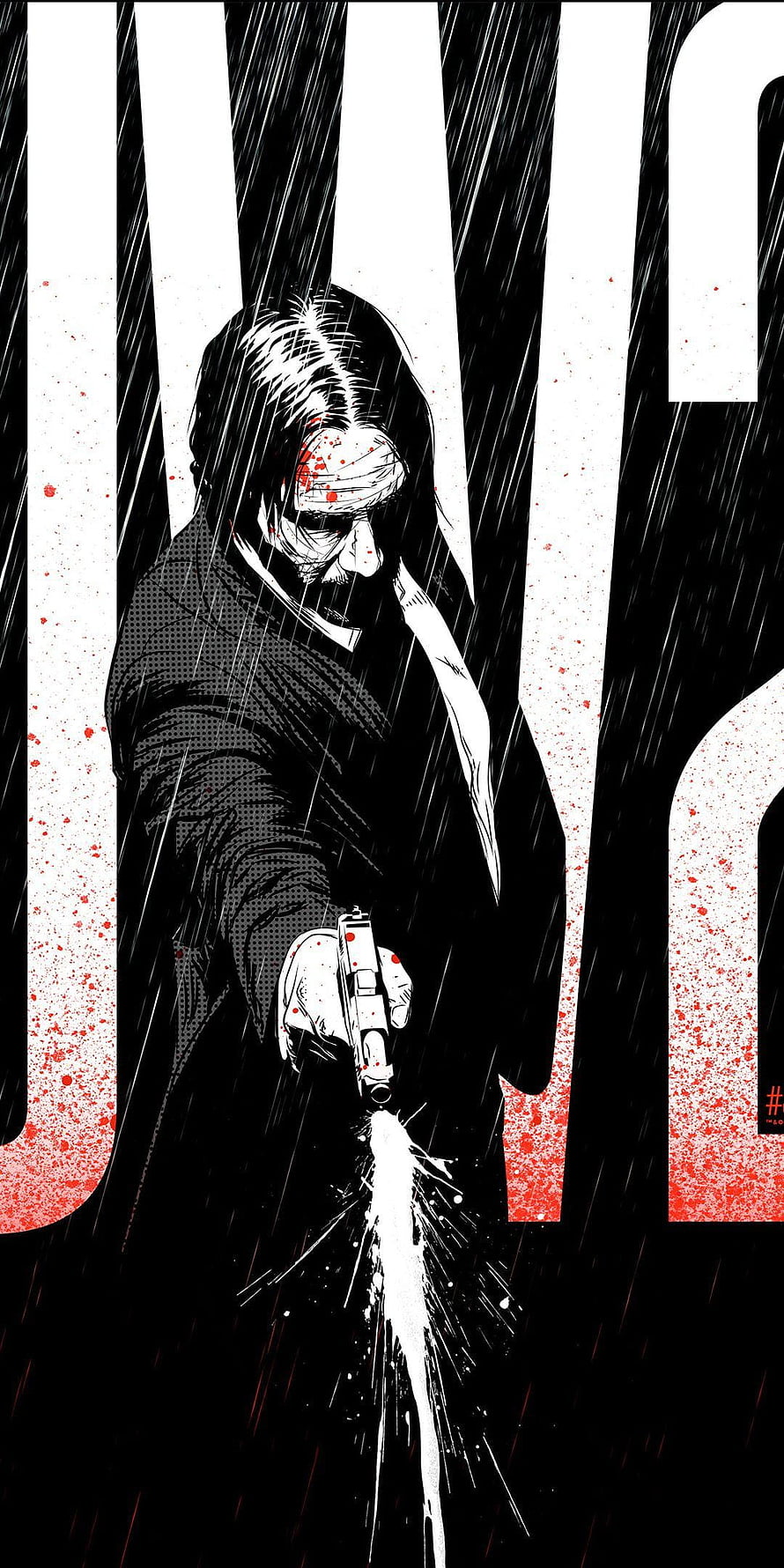 John Wick manga style illustration of a man firing a pistol in the rain with blood splatter, John Wick 2, movie, illustrated, 1080x2160, john wick baba yaga HD phone wallpaper