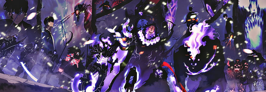 Solo Leveling Anime Battle Scene with Sung Jinwoo and Shadow Army in Dark Purple Fantasy HD wallpaper