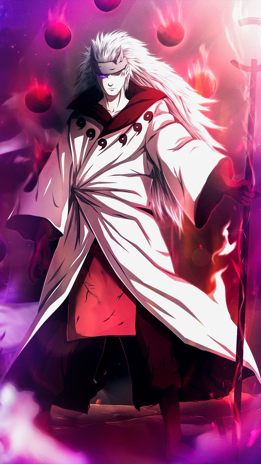 Madara Uchiha in White Robe with Rinnegan and Susanoo Chakra Anime Wallpaper HD phone wallpaper