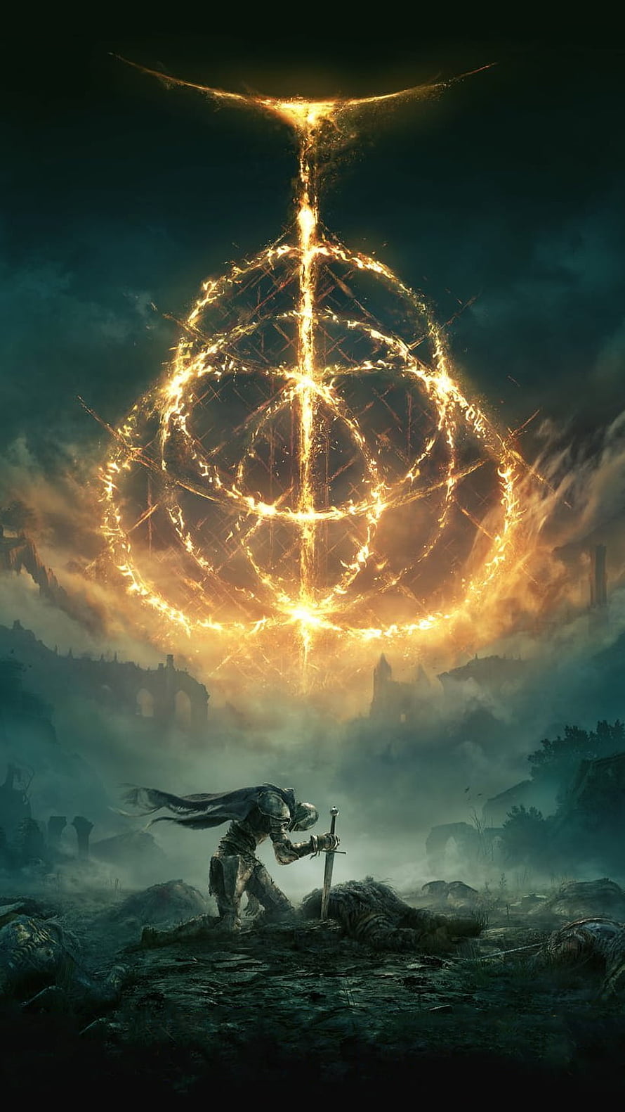 Elden Ring Knight Kneeling Before the Golden Erdtree in a Dark Fantasy Landscape HD phone wallpaper