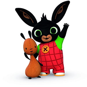 Bing Bunny and Fozzy Knitted Character in Red Overalls 3D Render HD phone wallpaper