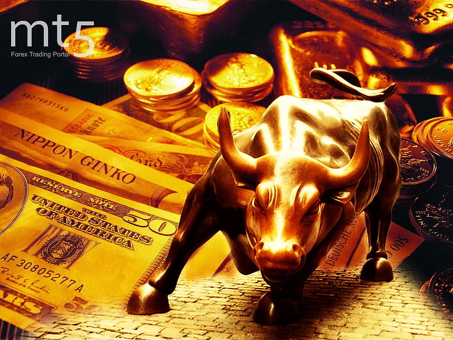 Golden Bull Statue on Currency and Coins Symbolizing Financial Market Growth HD wallpaper