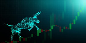 Digital Wireframe Bull and Candlestick Chart on Dark Teal Background HD wallpaper