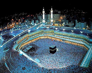Aerial Night View of Kaaba in Mecca with Crowds Performing Tawaf HD wallpaper