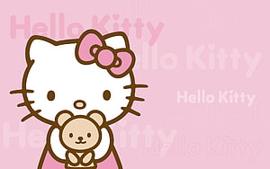 Hello Kitty Holding Teddy Bear on Soft Pink Background HD wallpaper