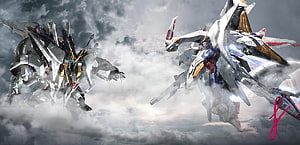 Xi Gundam and Penelope mecha facing off in a dramatic cloudy sky HD wallpaper