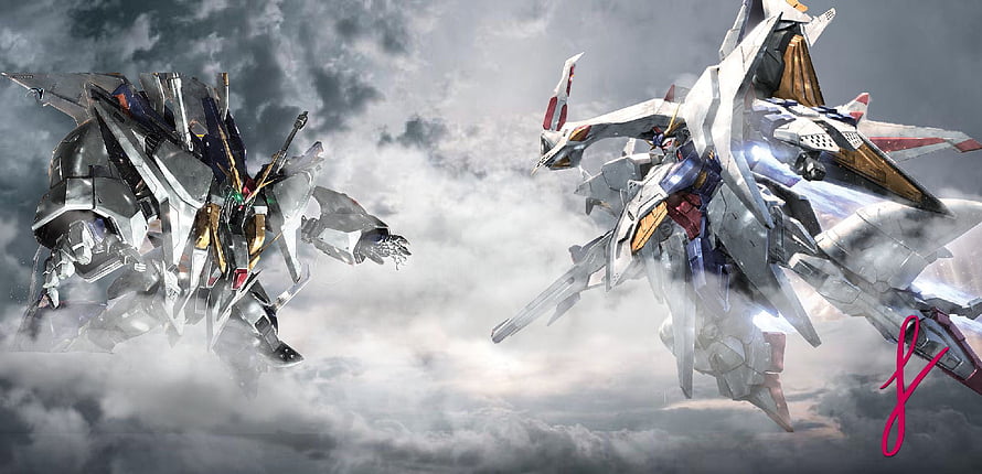 Xi Gundam and Penelope mecha facing off in a dramatic cloudy sky HD wallpaper